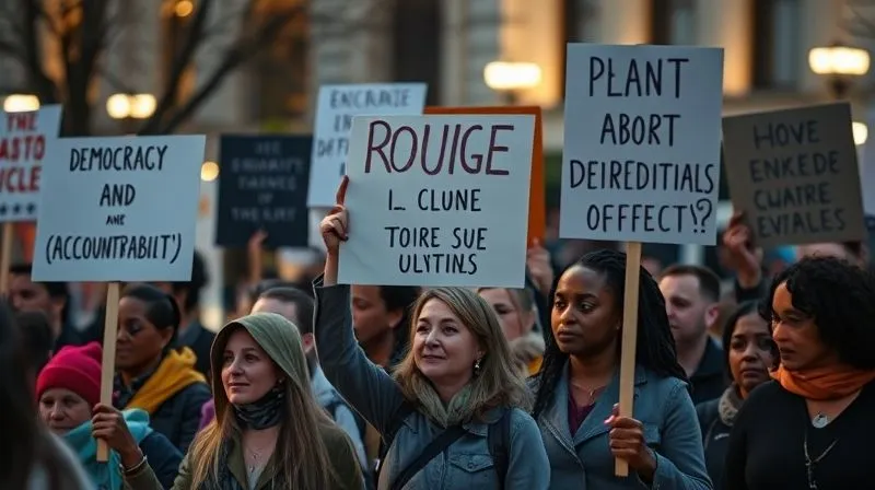 A photorealistic image of a diverse group of people protesting peacefully, holding signs with slogans about democracy and accountability, cinematic lighting, sharp focus, depth of field, 8K hyper-detailed.