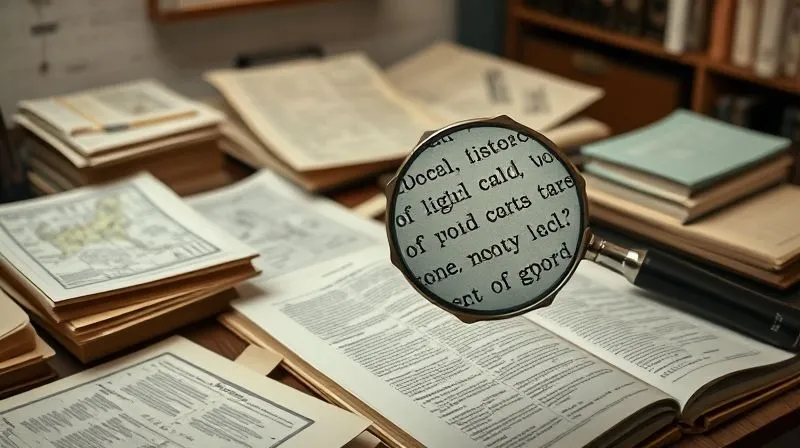photorealistic, professional photography, 8K, cinematic lighting, sharp focus, depth of field, shot on a high-end DSLR, a legal researcher's desk covered with stacks of historical documents, legal texts, and maps, with a magnifying glass highlighting specific text, conveying meticulous investigation and evidence gathering.