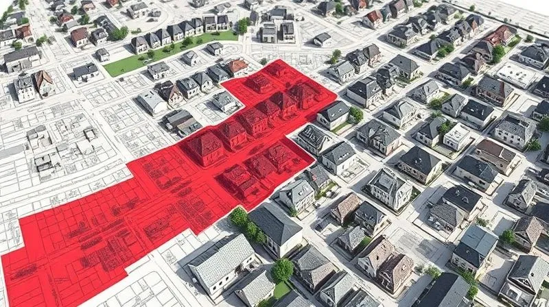 photorealistic, professional photography, 8K, cinematic lighting, sharp focus, depth of field, shot on a high-end DSLR, a detailed urban planning map of a fictional city, with one district highlighted in red, showing new zoning restrictions like single-family homes on large lots, juxtaposed with older, denser housing, conveying the impact of a zoning ordinance.
