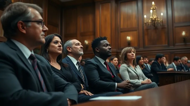 photorealistic, professional photography, 8K, cinematic lighting, sharp focus, depth of field, shot on a high-end DSLR, a dramatic, low-angle shot of a courtroom during a trial, with a diverse legal team intensely listening to testimony, emphasizing the gravitas of the legal process and the pursuit of justice.