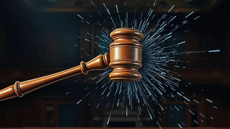 A photorealistic, professional photography, 8K, cinematic lighting, sharp focus, depth of field, shot on a high-end DSLR image of a classic wooden gavel striking a modern, abstract digital display that shatters into fragments of data and code. The background is a dimly lit courtroom, with the focus sharply on the gavel and digital impact, symbolizing legal action and its disruptive effect on digital infringement.