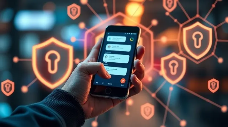 A photorealistic, professional photography, 8K, cinematic lighting, sharp focus, depth of field, shot on a high-end DSLR image of a person's hands holding a smartphone, with the screen displaying a secure messaging app interface. Surrounding the phone and hands are abstract, glowing digital shields and interlocking geometric patterns, symbolizing robust digital privacy and encryption. The background is slightly blurred, suggesting a busy, interconnected world, with the focus sharply on the secure interaction.