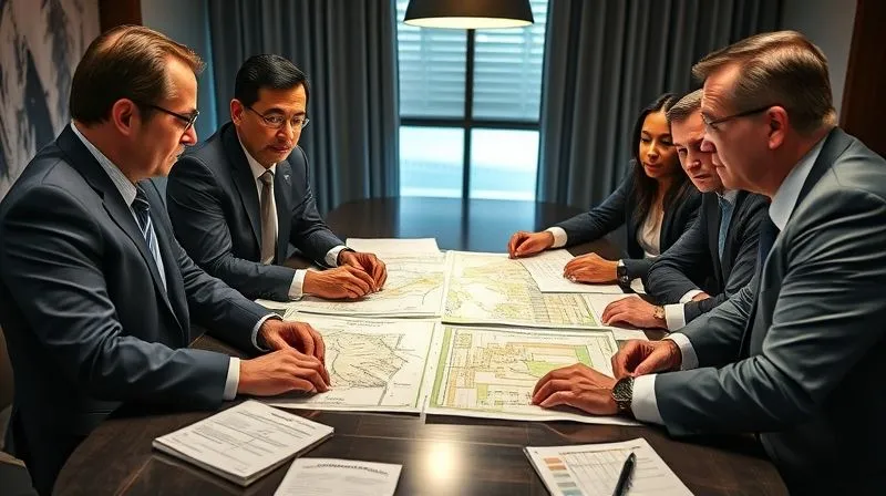 A photorealistic, professional photography, 8K, cinematic lighting, sharp focus, depth of field, shot on a high-end DSLR, showing a diverse legal team (attorney, urban planner, economist) intensely reviewing maps, documents, and data on a large conference table, collaborating to build a defense strategy against an eminent domain claim. Their expressions are focused and determined.