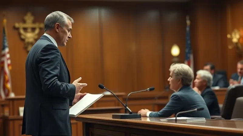 A photorealistic, professional photography, 8K, cinematic lighting, sharp focus, depth of field, shot on a high-end DSLR, depicting a tense courtroom scene. A lawyer stands before a judge, presenting arguments, with a property owner seated beside them. The atmosphere is serious and determined, conveying the gravity of legal challenge in eminent domain.