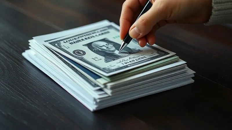 A photorealistic image of a stack of neatly organized legal documents, including a U.S. Green Card and passport, on a dark wooden table. A focused hand is placing a pen on top of the stack. Cinematic lighting, sharp focus on the documents, depth of field blurring the background, 8K hyper-detailed, conveying thorough preparation.