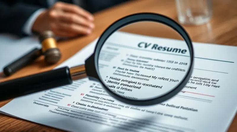 A photorealistic, professional photography image of a magnifying glass hovering over a detailed CV or resume, highlighting specific sections with a red circle, implying scrutiny of credentials and potential conflicts of interest. The background is a blurred courtroom or office setting. 8K, cinematic lighting, sharp focus, depth of field, shot on a high-end DSLR.