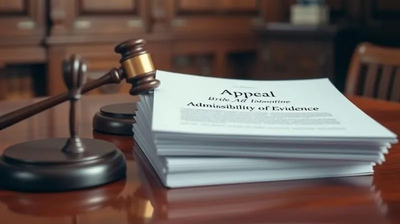 A photorealistic, professional photography image of a stack of legal briefs and documents on a polished wooden table in a courthouse, with a gavel partially visible. The focus is on the top brief titled 'Appeal for Admissibility of Evidence', conveying the gravity and finality of appellate review. 8K, cinematic lighting, sharp focus, depth of field, shot on a high-end DSLR.