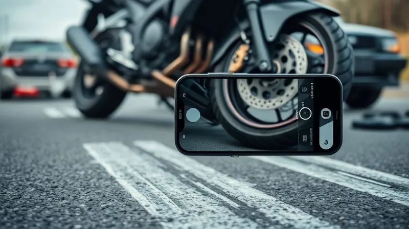 A photorealistic, professional photography, 8K, cinematic lighting, sharp focus on a smartphone camera lens capturing detailed images of a damaged motorcycle and skid marks on asphalt, with a blurred accident scene in the background, depth of field.