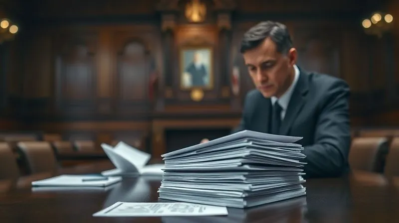 A photorealistic, professional photography, 8K, cinematic lighting, sharp focus on a determined legal professional reviewing a stack of documents on a dark wood desk, with a blurred backdrop of a courtroom, symbolizing the long fight for justice, depth of field.