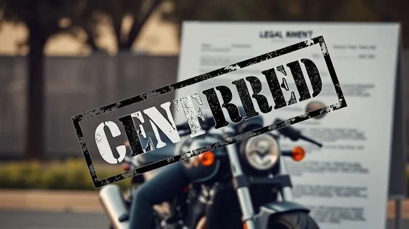 A photorealistic, professional photography, 8K, cinematic lighting, sharp focus on a confident motorcyclist standing beside their repaired bike, looking forward with a sense of empowerment, with a blurred backdrop of a legal document subtly overlaid with a 'corrected' stamp, depth of field.