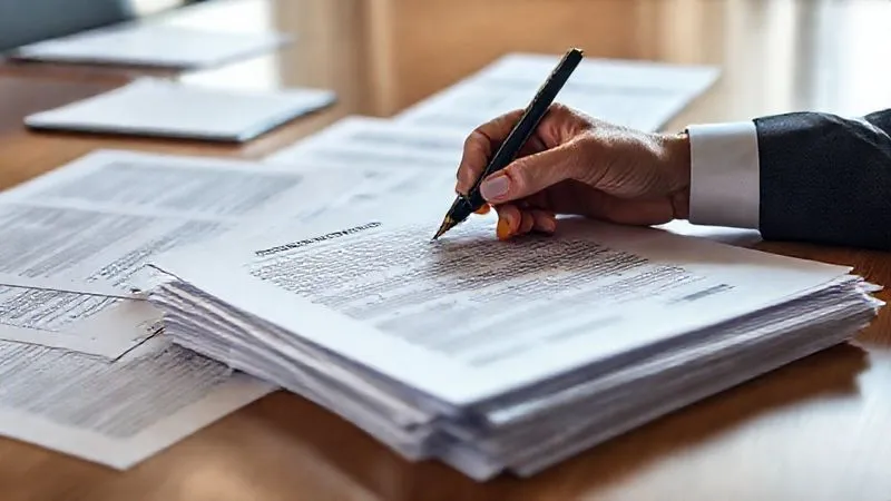 A photorealistic image of a stack of legal documents, including a BIA decision and hearing transcripts, spread out on a large conference table. A pair of hands, wearing professional attire, holds a highlighter and pen, meticulously reviewing the text. Cinematic lighting illuminates the documents, creating a focused, intense atmosphere. Sharp focus on the documents, with a shallow depth of field blurring the background. Shot on a high-end DSLR, 8K hyper-detailed.