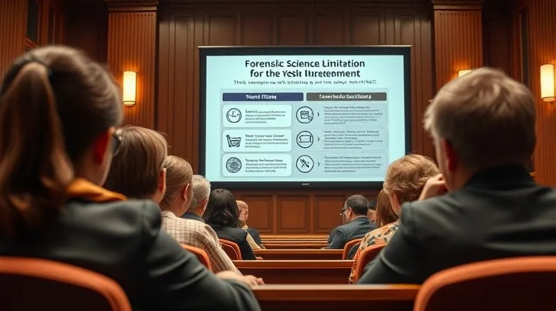 A photorealistic image of a jury box, with jurors looking intently at a presentation screen displaying a simplified infographic about forensic science limitations, their faces showing understanding and critical thought. Cinematic lighting, sharp focus, depth of field, 8K, shot on a high-end DSLR, professional photography.