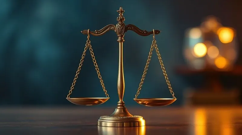 A photorealistic, evocative image of a single set of scales of justice, perfectly balanced, with a subtle glow, symbolizing the pursuit of fairness and truth in the legal system. Cinematic lighting, sharp focus, depth of field, 8K, shot on a high-end DSLR, professional photography.