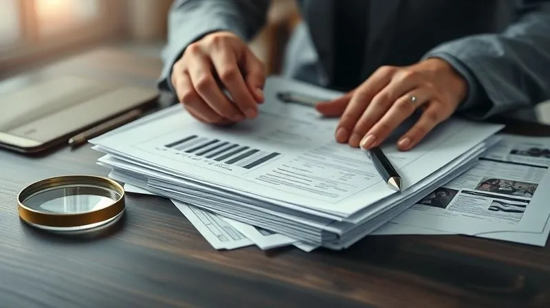 Photorealistic, professional photography, 8K, cinematic lighting, sharp focus, depth of field, shot on a high-end DSLR. A person's hands meticulously organizing a stack of documents, including medical reports, incident forms, and photographs, on a dark wooden table. A magnifying glass and a pen are nearby, emphasizing detailed record-keeping. The background is slightly blurred but suggests a professional, organized setting.