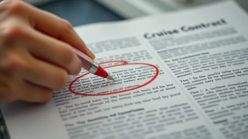 Photorealistic, professional photography, 8K, cinematic lighting, sharp focus, depth of field, shot on a high-end DSLR. A hand with a red pen circling a small, illegible paragraph in a dense legal document, with the surrounding text blurred. The background features a subtle hint of a ship's interior, emphasizing the context of a cruise contract. The image evokes the difficulty of deciphering fine print and the challenge of identifying unfair terms.