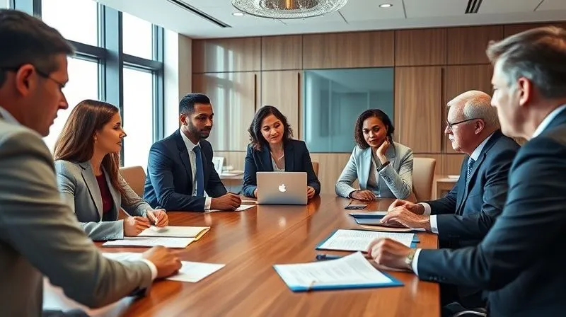 Photorealistic, professional photography, 8K, cinematic lighting, sharp focus, depth of field, shot on a high-end DSLR. A professional-looking, diverse group of attorneys in a modern, well-lit law office, engaged in a focused discussion around a large conference table. Legal documents and laptops are open, suggesting strategic planning. The atmosphere is serious yet collaborative, conveying expertise and dedicated representation.