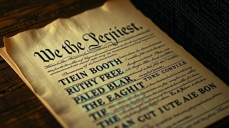 A photorealistic image of a vintage Constitution document, partially obscured by digital code overlay, symbolizing the clash between traditional law and modern technology. Cinematic lighting, 8K, sharp focus on the document, depth of field.