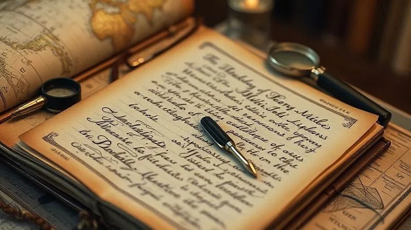 photorealistic, professional photography, 8K, cinematic lighting, sharp focus, depth of field, shot on a high-end DSLR, an open, aged leather-bound ledger with ornate script, surrounded by vintage maps, a quill pen, and a magnifying glass, bathed in soft, warm library light, conveying historical research and discovery.