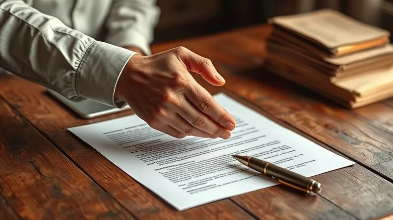 photorealistic, professional photography, 8K, cinematic lighting, sharp focus, depth of field, shot on a high-end DSLR, two hands shaking over a legal document on a rustic wooden table, with a pen and a small stack of old deeds in the background, conveying agreement and resolution in a warm, professional setting.