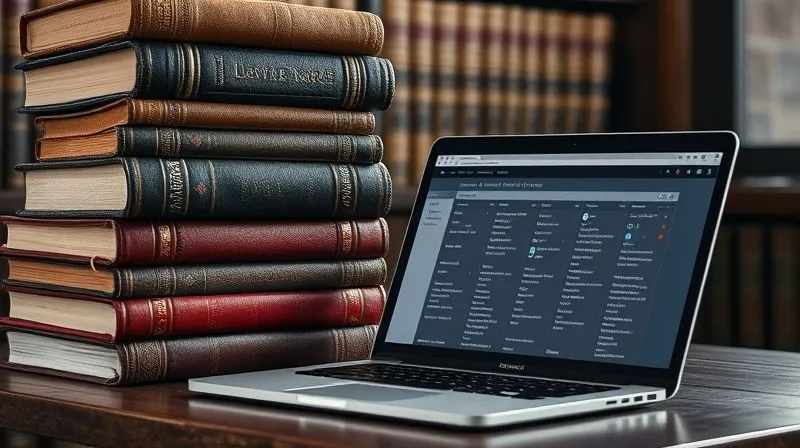photorealistic, professional photography, 8K, cinematic lighting, sharp focus, depth of field, shot on a high-end DSLR, a stack of diverse, leather-bound law books from different eras, with a modern laptop open to a legal research database in the foreground, illuminated by focused task lighting, symbolizing the blend of historical and contemporary legal study.