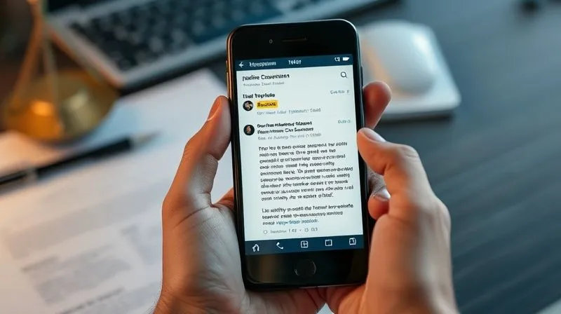 photorealistic, professional photography, 8K, cinematic lighting, sharp focus, depth of field, shot on a high-end DSLR. A hand holding a smartphone displaying a clearly visible screenshot of a defamatory online comment, with a blurred background of a legal document and a keyboard, emphasizing digital evidence collection for legal action.