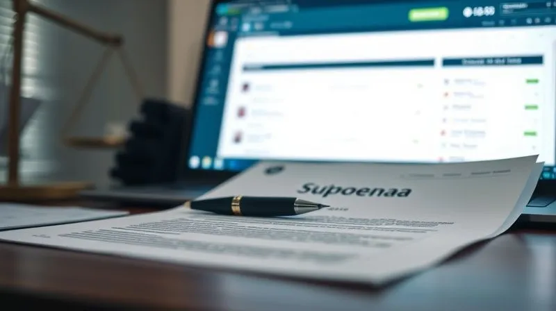 photorealistic, professional photography, 8K, cinematic lighting, sharp focus, depth of field, shot on a high-end DSLR. A close-up of a legal subpoena document on a desk, with a pen and a blurred background of a computer screen displaying an online forum, emphasizing the precise and formal nature of legal demands for identifying information.