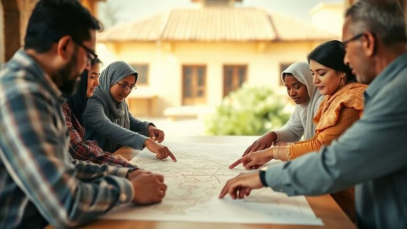A photorealistic, professional photography, 8K, cinematic lighting image of community leaders and international experts collaboratively developing a peacebuilding plan around a table, with diverse hands pointing to a map. The atmosphere is one of constructive dialogue and shared ownership. Sharp focus on the interactions, depth of field blurring a background of traditional architecture. Shot on a high-end DSLR.