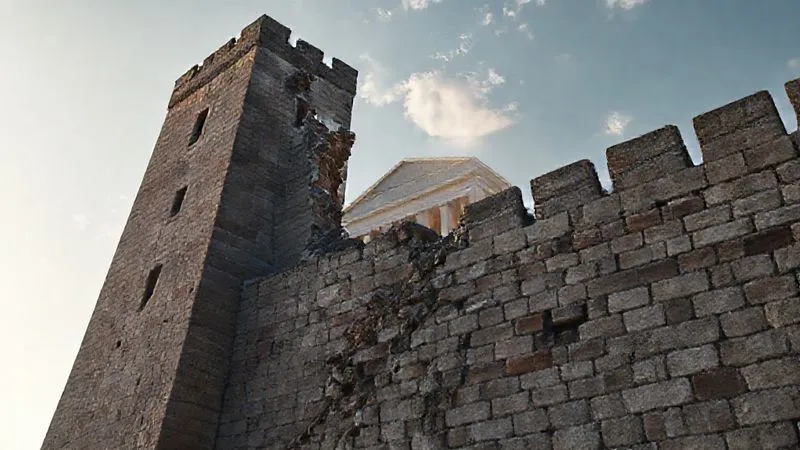 Photorealistic, professional photography, 8K, cinematic lighting, sharp focus, depth of field, shot on a high-end DSLR. A towering, ancient stone wall representing national sovereignty, partially crumbling to reveal a glimpse of a modern, gleaming international court building beyond. The scene symbolizes the tension between traditional state power and the emerging force of global justice, with a dramatic interplay of light and shadow.