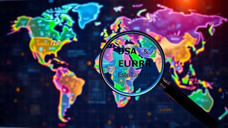 A photorealistic, professional photography, 8K, cinematic lighting, sharp focus, depth of field, shot on a high-end DSLR image of a complex, glowing digital map of the world, with various overlapping and conflicting colored zones representing different regulatory frameworks. Data streams flow between continents, highlighting the interconnectedness and challenge of cross-border laws. A magnifying glass hovers over Europe, indicating the focus on detailed regulations like DSA and GDPR. The mood is analytical and challenging.