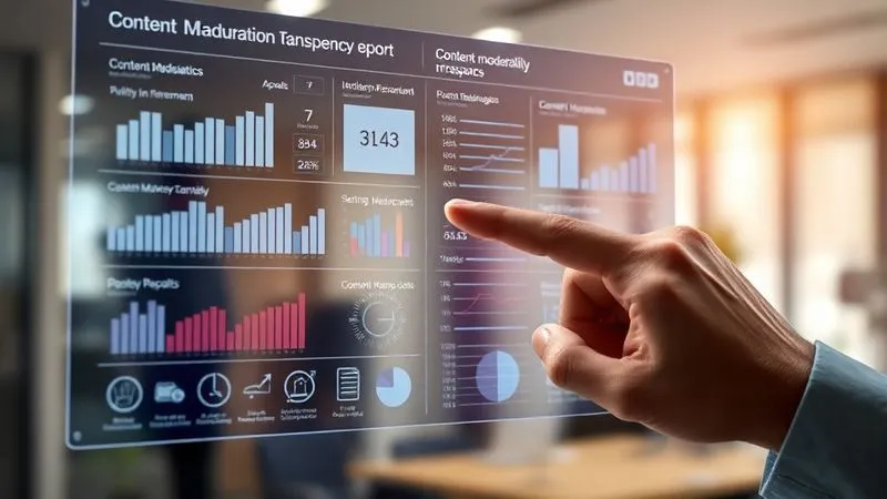 A photorealistic, professional photography, 8K, cinematic lighting, sharp focus, depth of field, shot on a high-end DSLR image of a transparent digital screen displaying a detailed content moderation transparency report. Data visualizations, graphs, and charts show statistics on content removals, appeals, and policy enforcement. A human hand points to a specific data point, emphasizing accountability. The background is a blurred, modern office environment, suggesting corporate responsibility. The overall tone is clear, honest, and professional.