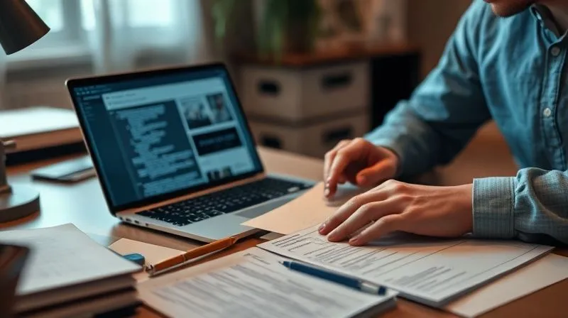 A photorealistic image of a parent meticulously organizing documents and digital evidence on a desk, a laptop open with legal research, cinematic lighting, sharp focus on the papers, depth of field blurring the background. 8K hyper-detailed, professional photography, shot on a high-end DSLR.