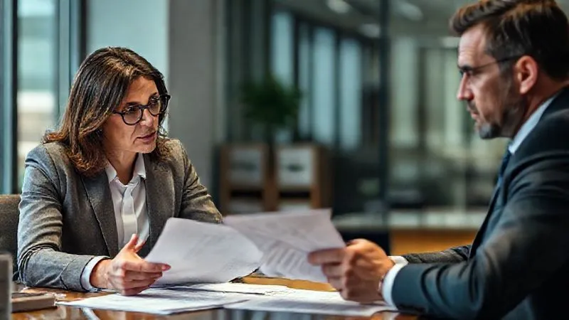 A photorealistic image of a criminal defense attorney, professional and empathetic, patiently explaining complex legal documents to a visibly stressed and skeptical client in a modern, well-lit office. The attorney uses hand gestures to emphasize points, and the client's furrowed brow suggests deep thought. Cinematic lighting, sharp focus on their interaction, depth of field blurring the background, 8K hyper-detailed.