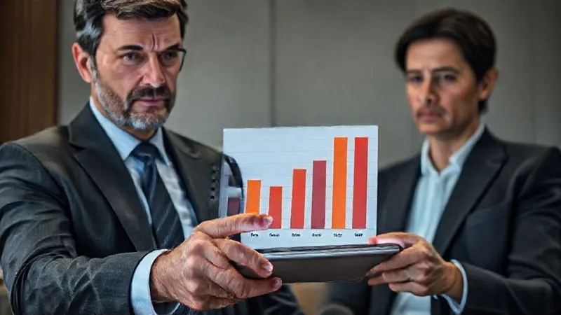 A photorealistic, professional photography, 8K, cinematic lighting, sharp focus, depth of field, shot on a high-end DSLR, showing an attorney pointing to a clear, professional bar chart on a tablet, illustrating the high probability of conviction versus acquittal in criminal trials. The client observes with a thoughtful, somewhat resigned expression. The chart is clean, modern, and easy to understand, conveying data effectively.