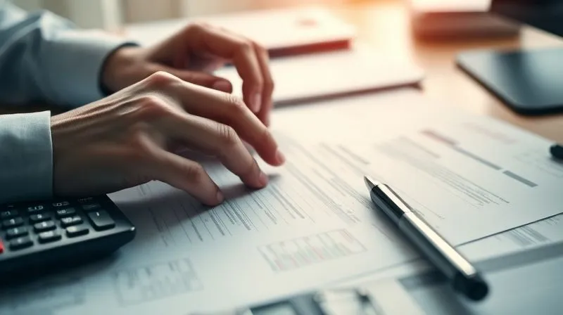 A photorealistic close-up shot of hands organizing tax documents on a desk, with a calculator and pen nearby, cinematic lighting, sharp focus on the documents, depth of field blurring the background.