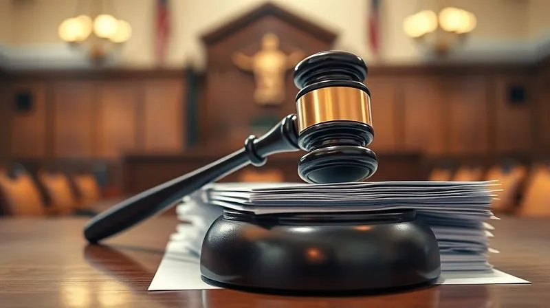 Photorealistic image of a gavel resting on a stack of tax forms, with a blurred background of a courtroom, cinematic lighting, sharp focus on the gavel, depth of field.