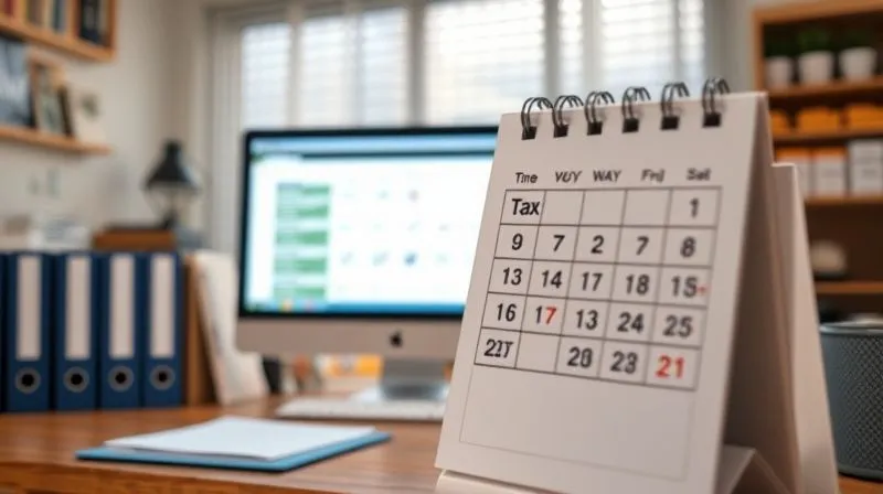 Photorealistic image of a well-organized home office with labeled folders, a computer displaying tax software, and a calendar marked with tax deadlines, cinematic lighting, sharp focus on the calendar, depth of field.