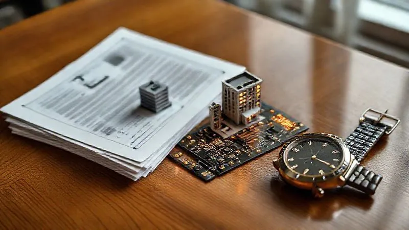 A photorealistic, highly detailed image of a diverse collection of assets laid out on a polished wooden table: a stack of business documents with a company logo, a miniature model of a unique building, a stylized glowing circuit board representing intellectual property, and a rare antique watch. Professional photography, 8K, cinematic lighting, sharp focus, depth of field, shot on a high-end DSLR.