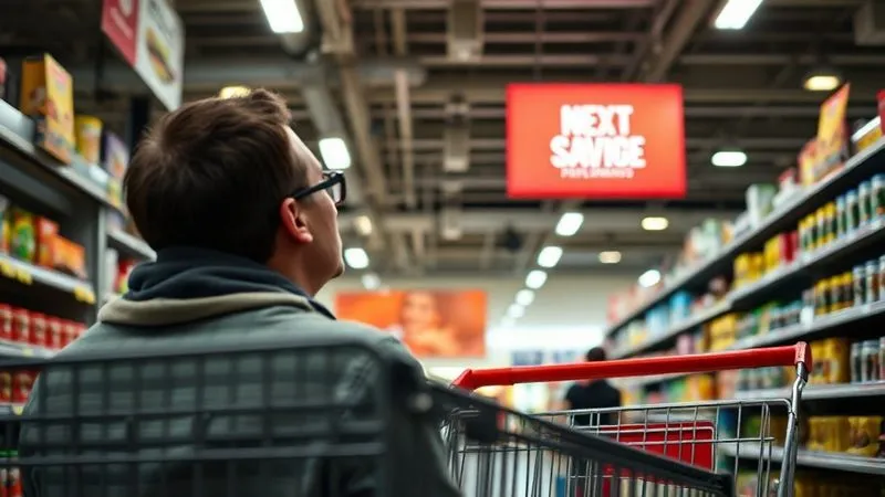 A photorealistic image inside a bustling retail store. A customer is looking up at a bright, eye-catching promotional sign hanging from the ceiling, their head tilted slightly. In the foreground, partially obscured by a shopping cart, a subtle, low-lying hazard (e.g., a loose mat edge or small spill) is present on the floor. The scene emphasizes distraction. Professional photography, 8K, cinematic lighting, sharp focus on the customer and sign, depth of field.