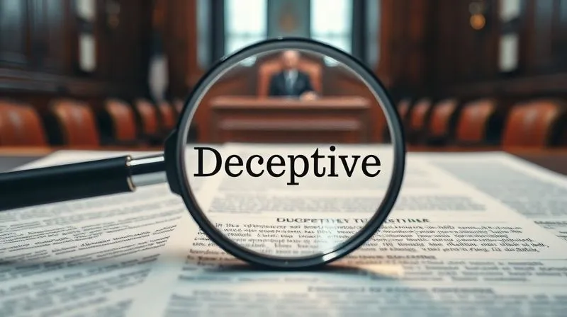 A photorealistic image of a legal document with a magnifying glass over the word 'Deceptive', surrounded by other legal texts and a blurred background of a courtroom, cinematic lighting, sharp focus, depth of field, 8K hyper-detailed, professional photography, shot on a high-end DSLR.