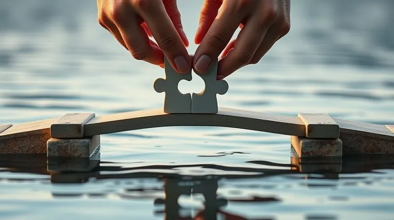 A photorealistic image of hands carefully placing the final piece of a jigsaw puzzle that forms a complete and strong bridge over a calm body of water, symbolizing trust and resilience. Cinematic lighting, sharp focus on the hands and puzzle, depth of field blurring the background, 8K hyper-detailed, professional photography, shot on a high-end DSLR.