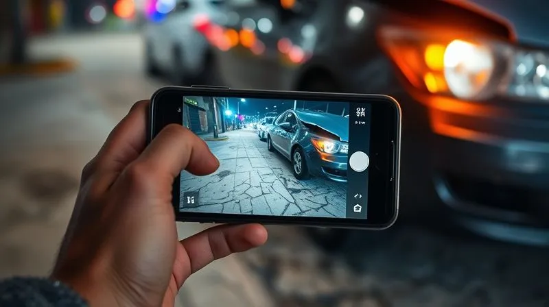 A photorealistic close-up of a person's hand holding a smartphone, clearly taking a photo of a damaged car fender and a cracked sidewalk after an accident, with a blurred background of emergency lights, cinematic lighting, sharp focus on the phone and immediate foreground, depth of field, 8K hyper-detailed, professional photography, shot on a high-end DSLR.
