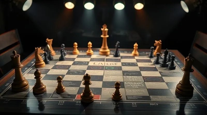 A photorealistic image of a complex legal strategy board with interconnected arguments and counter-arguments written on it, illuminated by strategic spotlights. Chess pieces are scattered, representing different legal players. Professional photography, 8K, cinematic lighting, sharp focus on the board, depth of field blurring the background, shot on a high-end DSLR.