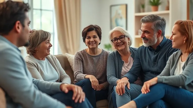 A photorealistic image of a diverse group of people (family, friends, colleagues) sitting together, engaged in a heartfelt conversation, their expressions conveying concern and support. The setting is a warm, inviting living room. Professional photography, 8K, cinematic lighting, sharp focus on their faces, depth of field blurring the background, shot on a high-end DSLR.