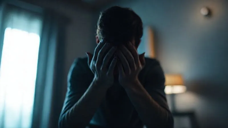 A photorealistic image of a blurred figure sitting alone in a dimly lit room, head in hands, conveying distress and confusion. Professional photography, 8K, cinematic lighting, sharp focus on the figure's hands, depth of field blurring the background, shot on a high-end DSLR.