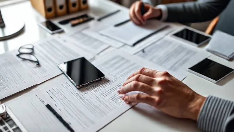 A photorealistic image of a person's hands meticulously organizing legal documents, notes, and digital devices on a clean desk. Cinematic lighting highlights the organized papers, sharp focus on the documents, depth of field blurring the background, professional photography, 8K hyper-detailed, shot on a high-end DSLR.