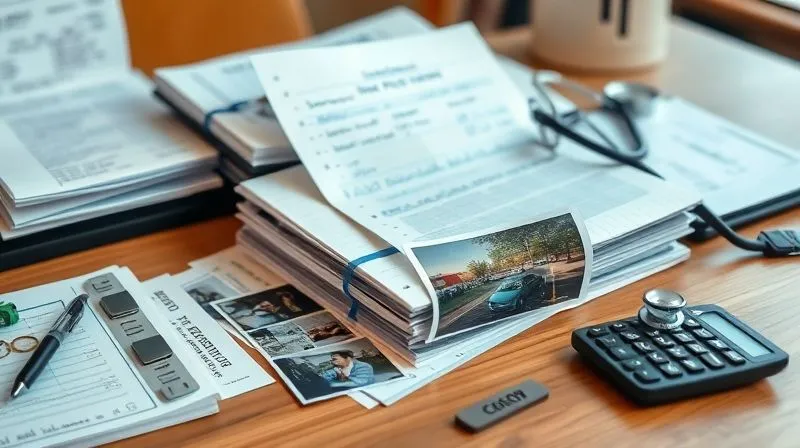 A photorealistic, highly organized desk scene with various documents neatly stacked: medical bills, doctor's notes, a personal journal, photographs of an accident scene, and a calculator. Cinematic lighting highlights the importance of each item, with a sharp focus on the documents and a blurred background, 8K hyper-detailed, professional photography, shot on a high-end DSLR.