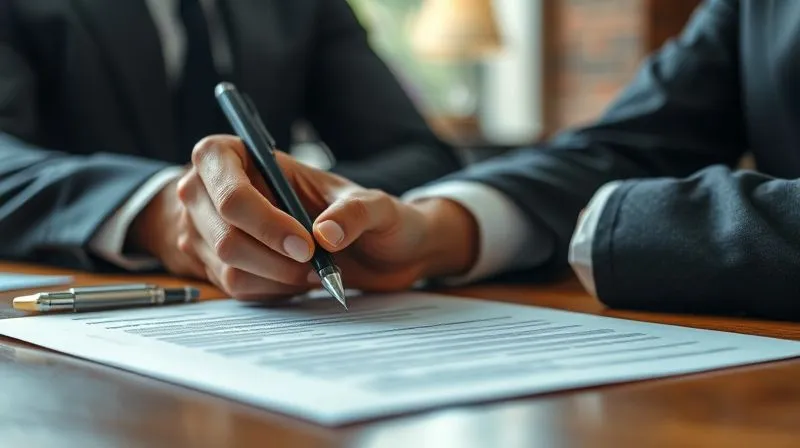 A photorealistic, professional image of a legal document being signed by a client, with a lawyer's hand guiding a pen. The setting is a modern, well-lit law office, emphasizing trust and professionalism. Cinematic lighting, sharp focus on the document and hands, depth of field blurring the background, 8K hyper-detailed, professional photography, shot on a high-end DSLR.