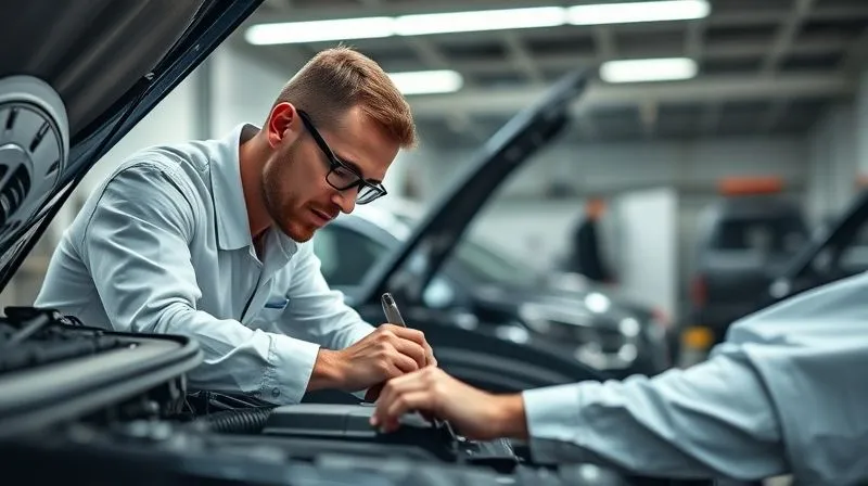 A photorealistic, professional photography, 8K, cinematic lighting, sharp focus, depth of field shot on a high-end DSLR, depicting an automotive engineer in a clean workshop, meticulously examining a car engine with diagnostic tools, symbolizing expert analysis and evidence gathering in a lemon law case.
