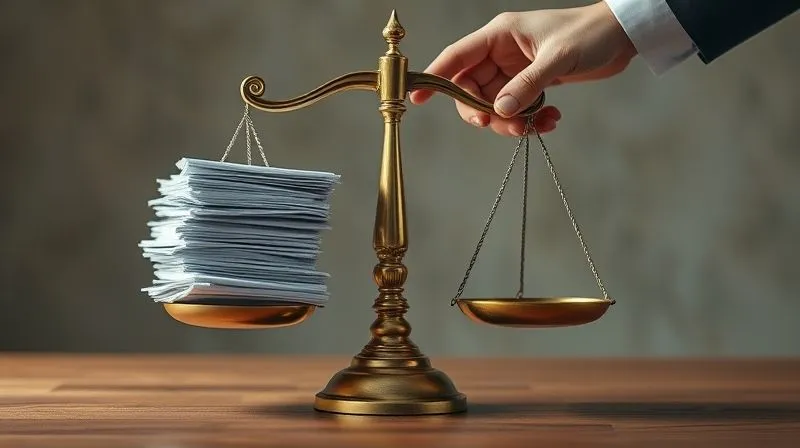 A photorealistic, professional photography, 8K, cinematic lighting, sharp focus, depth of field shot on a high-end DSLR, depicting a solemn legal scale, with one side heavily weighted by a stack of documents and the other side empty, symbolizing the imbalance when consumers face large corporations, with a subtle hint of a lawyer's hand reaching to balance it.