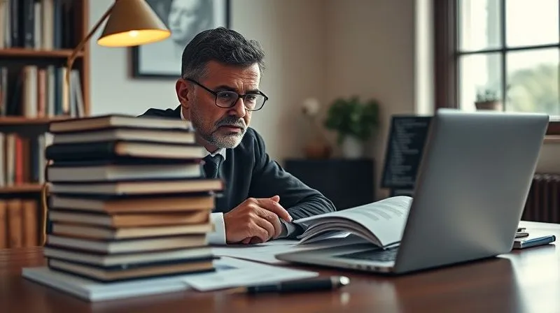 photorealistic, professional photography, 8K, cinematic lighting, sharp focus, depth of field, shot on a high-end DSLR. A legal researcher intently studying a stack of academic journals and legal documents on a large wooden desk, a laptop open displaying a complex database, with a focused, determined expression. The scene is illuminated by a warm desk lamp, emphasizing the meticulous nature of the work.